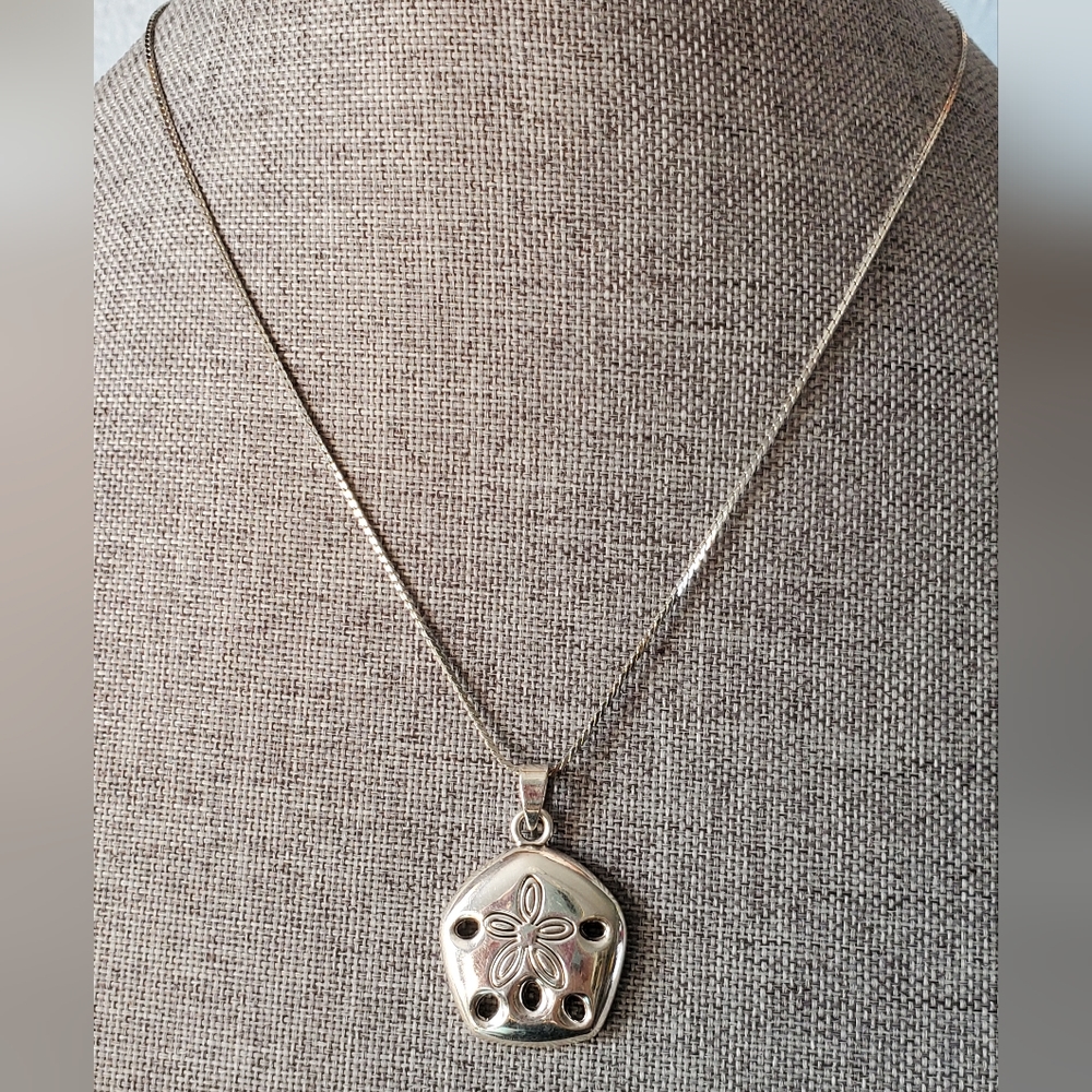 Silvertone sand dollar necklace on 18 inch chain coastal beach style